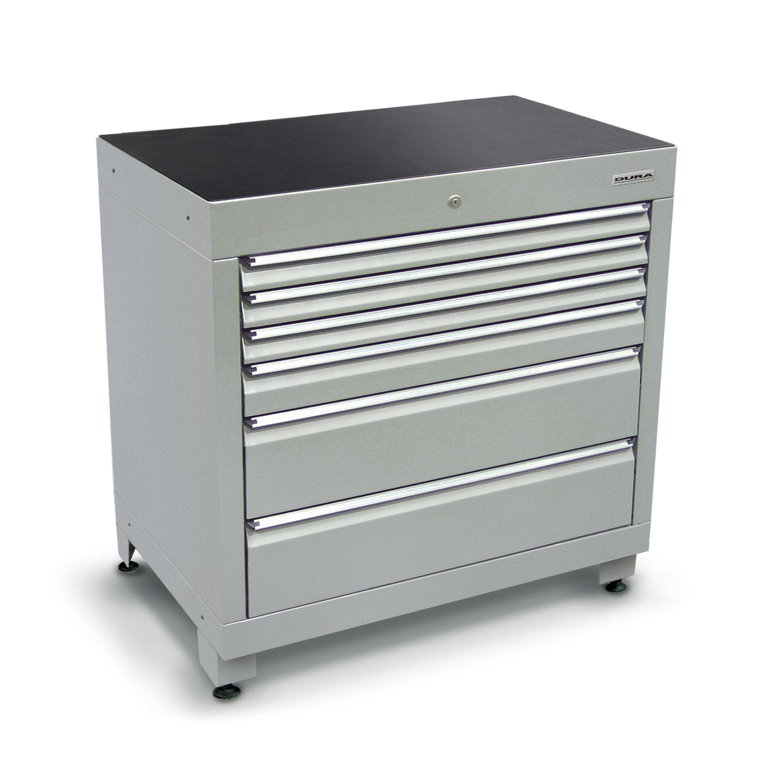 900 series cabinet with 6 drawers (3 slim, 1 medium, 2 large) and feet