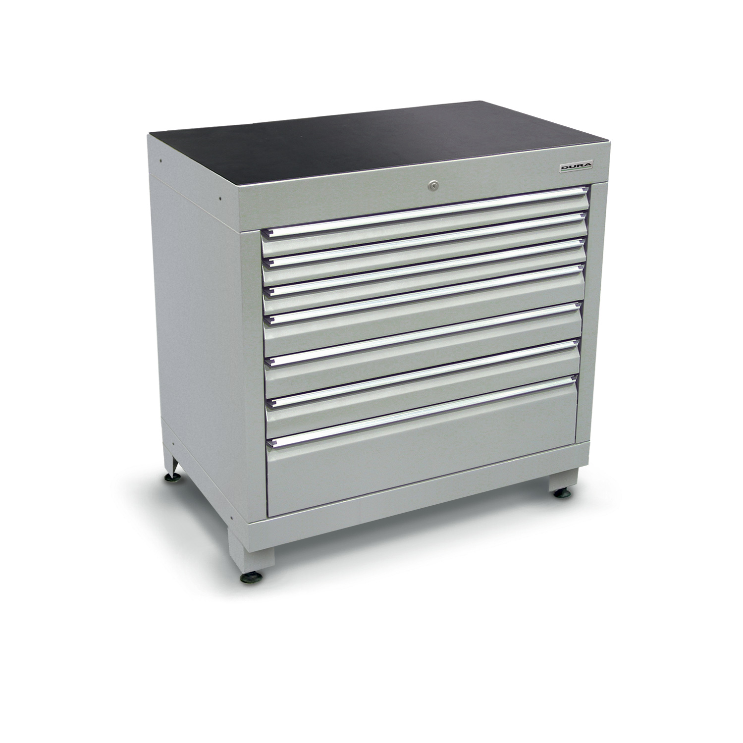 900 series cabinet with 7 drawers (3 slim, 3 medium, 1 large) and feet