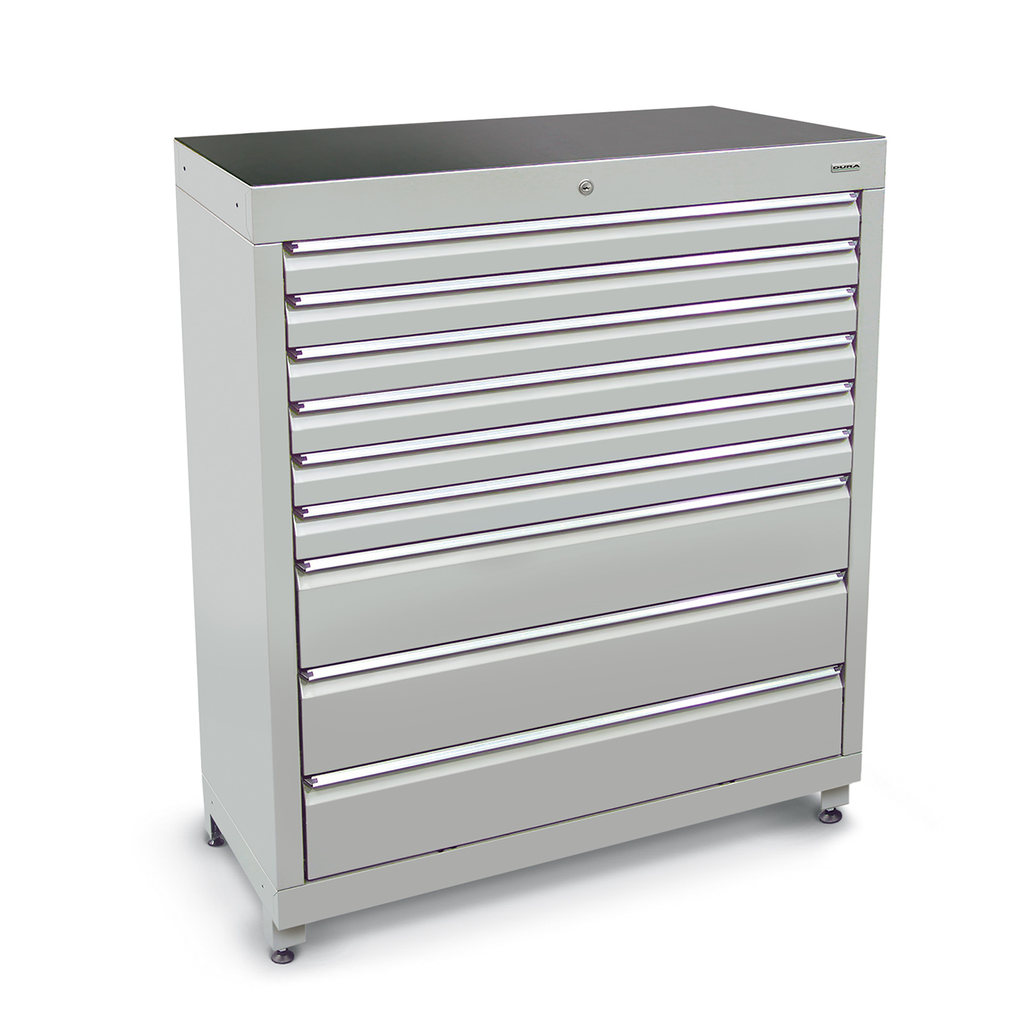 1200mm Multi-drawer high tool cabinets with 9 drawers (6 medium, 3 large) and feet