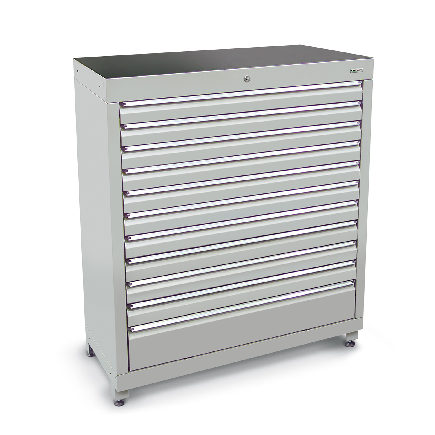 1200mm Multi-drawer high tool cabinets with 11 drawers (10 medium, 1 large) and feet