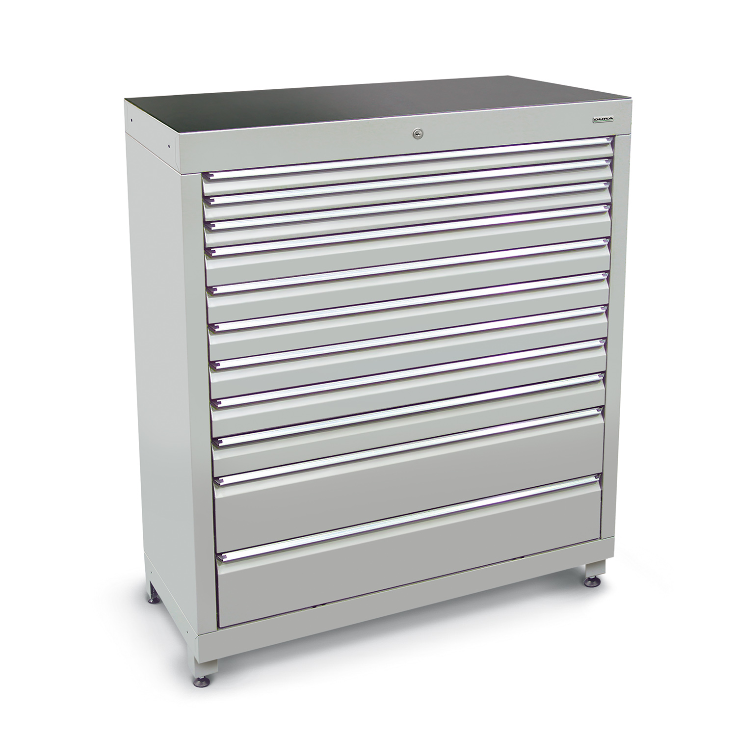 1200mm Multi-drawer high tool cabinets with 11 drawers (3 slim, 6 medium, 2 large) and feet