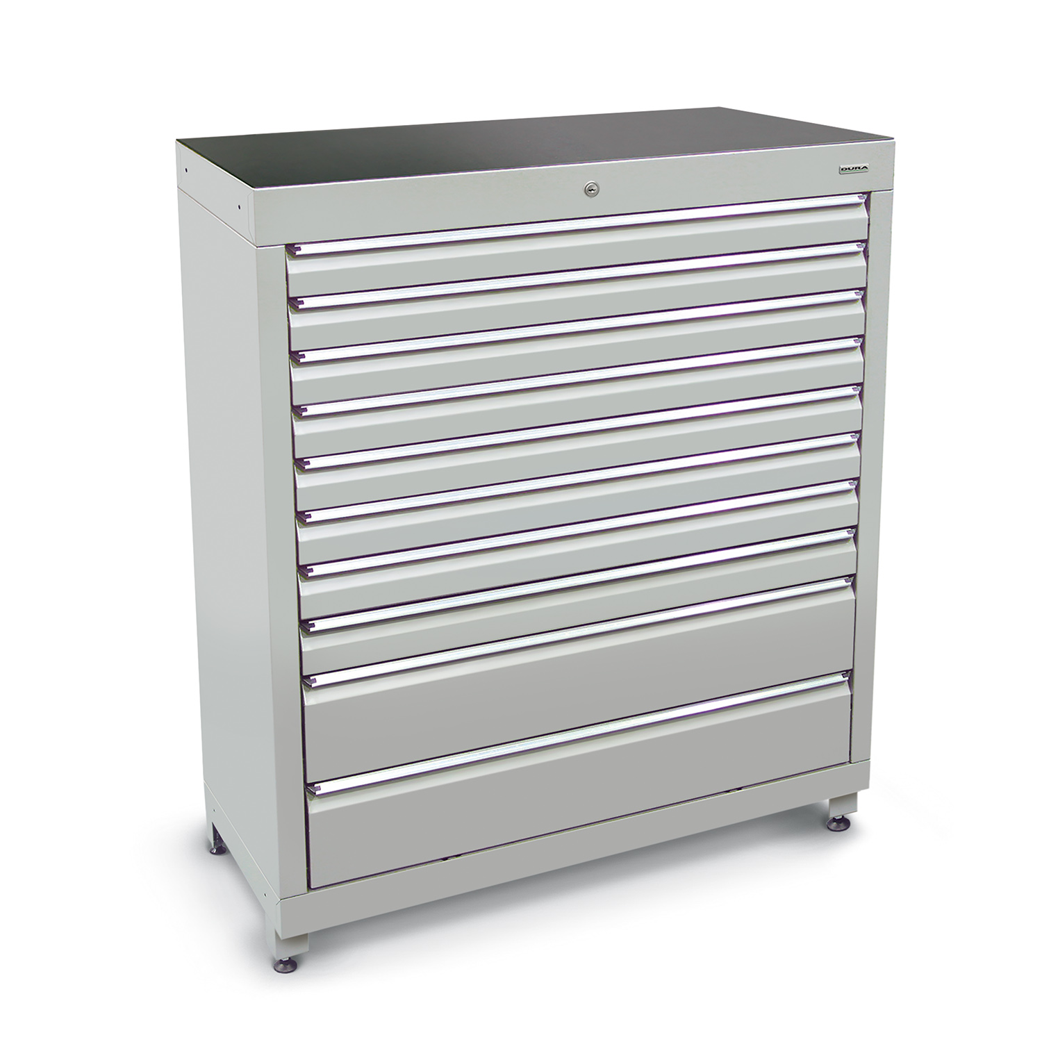 1200mm Multi-drawer high tool cabinets with 10 drawers (8 medium, 2 large) and feet