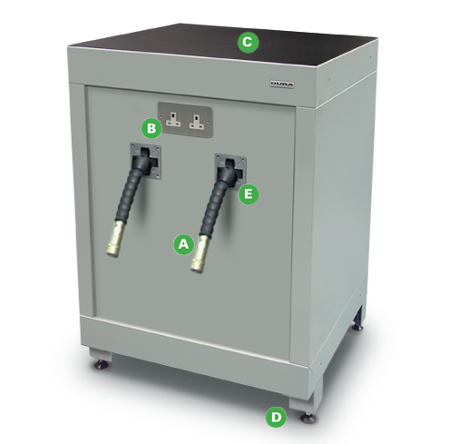 Low Level Air Electrical Reel Management Cabinets by Dura Ltd with annotations