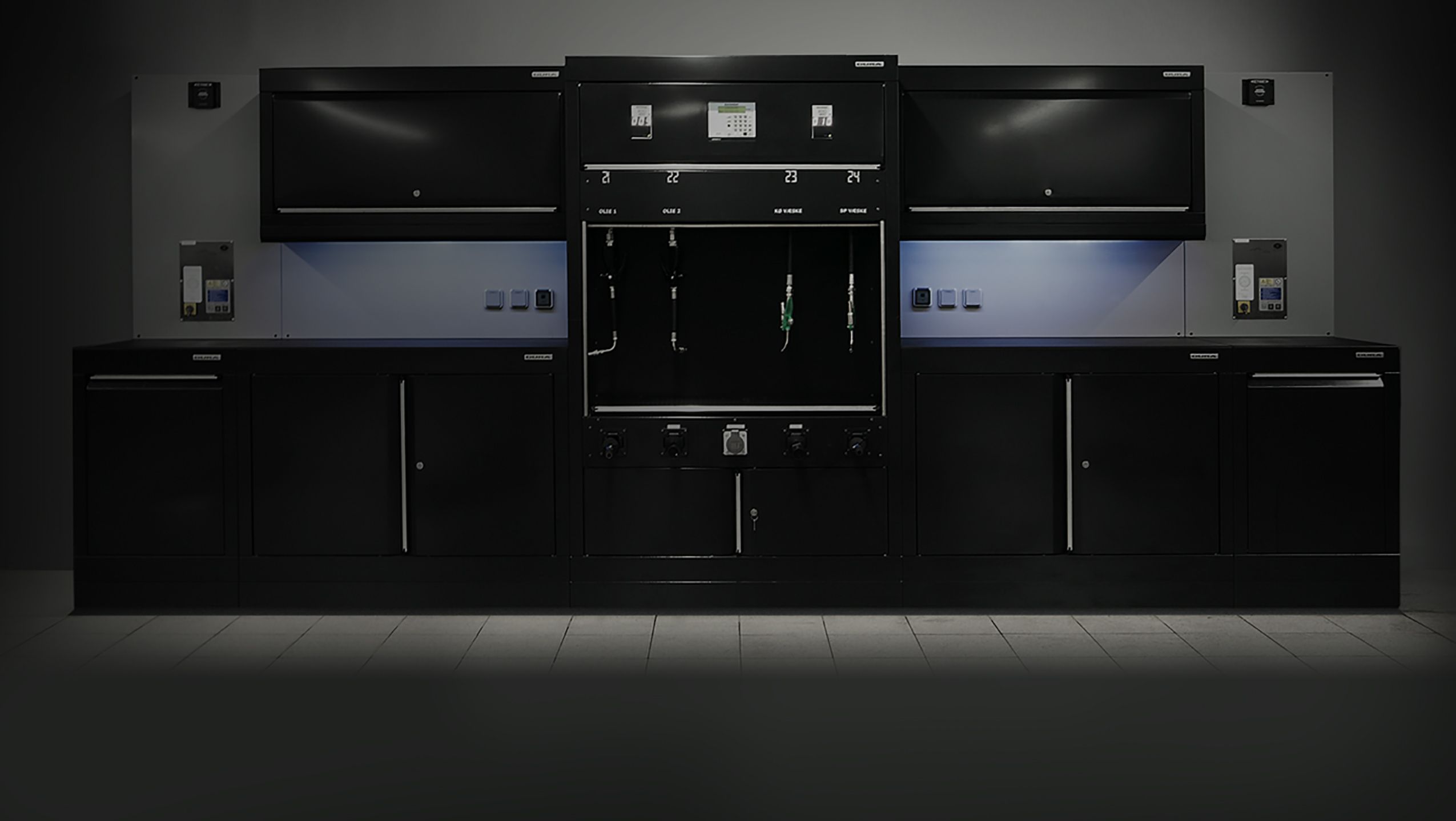 Black instation of Dura Ltd cabinets with fluid managment