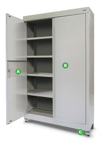 Heavy-duty Shelving Cabinets by Dura Ltd with annotations