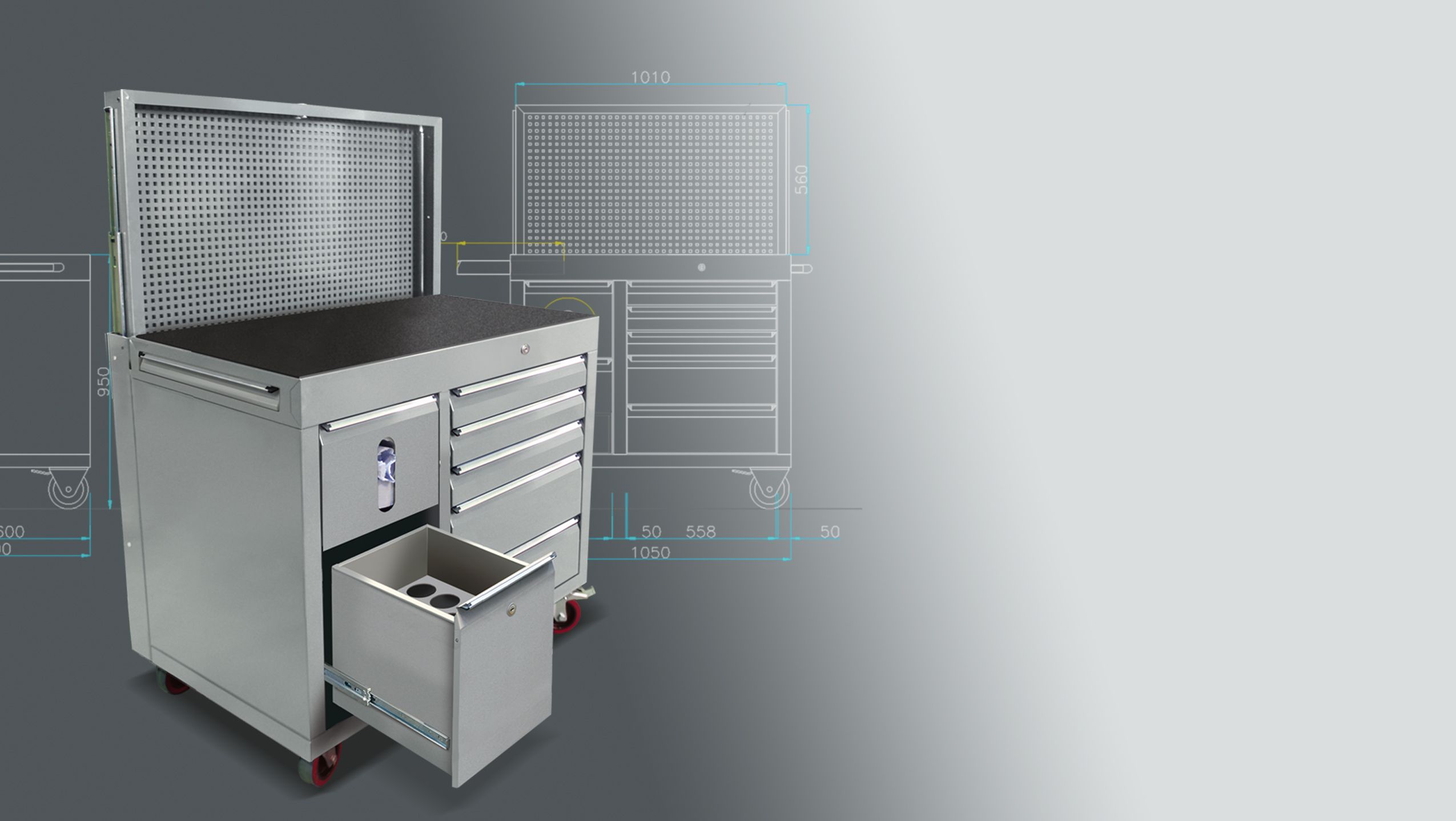 Mobile tool storage cabinet with CAD drawing