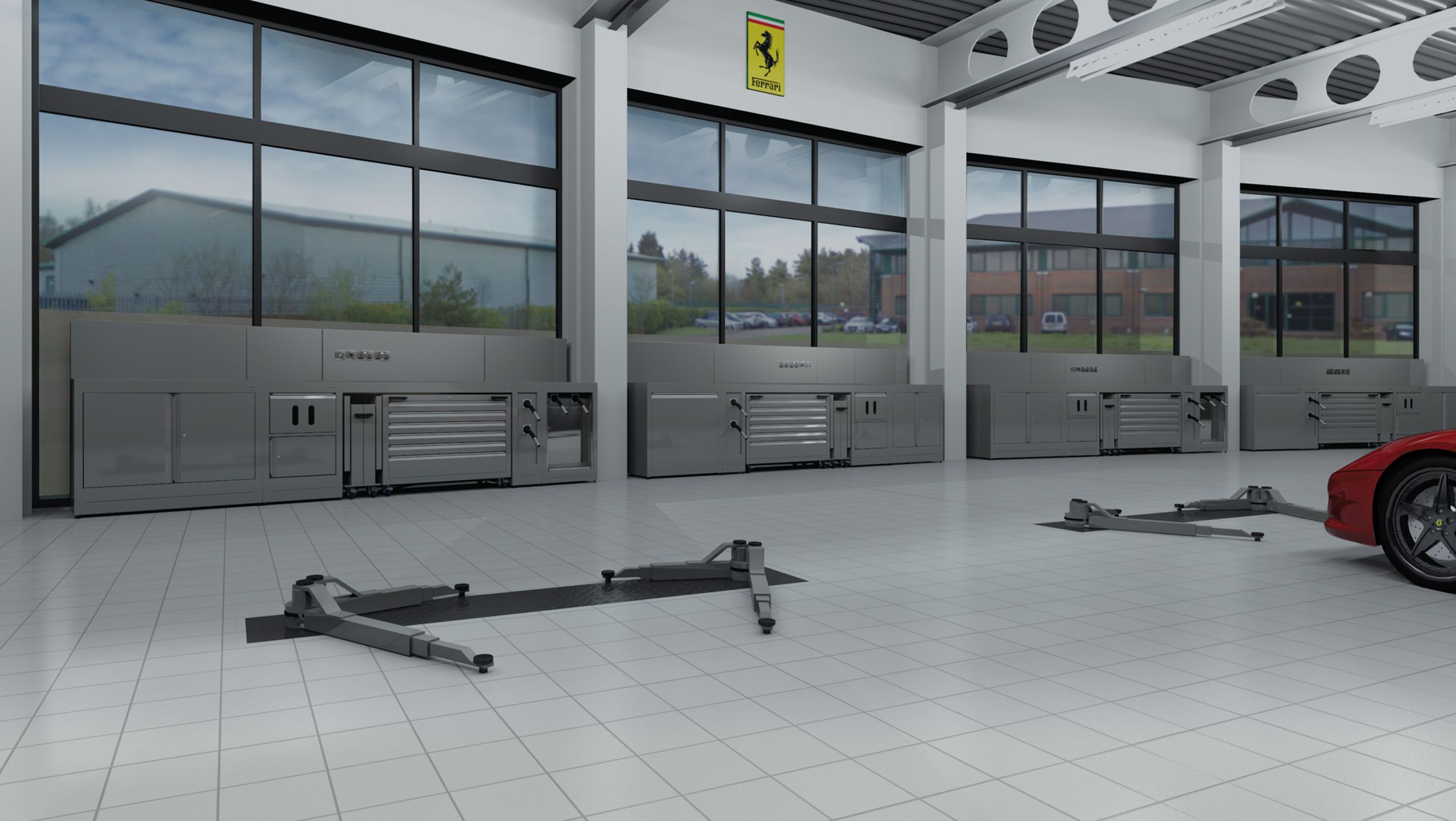 3D render of automotive workshop including grey tool cabinets