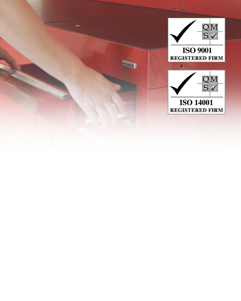 Drawer opening on red tool cabinets with ISO 9001/14001 logos